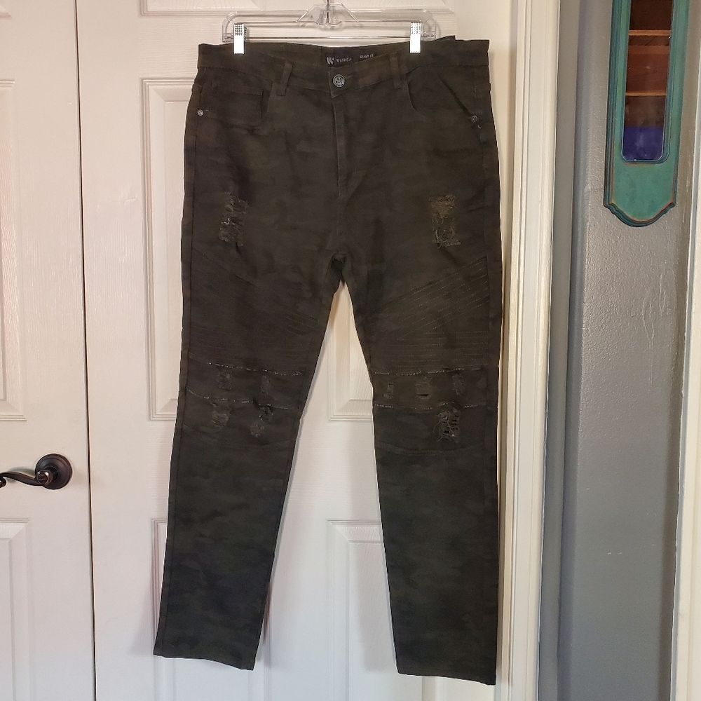 Waimea Camo Moto Jeans Skinny Fit Distressed Y2K Rock Festival Rugged 40 Green